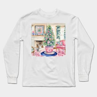 Kitten and a Christmas tree watercolor painting Long Sleeve T-Shirt